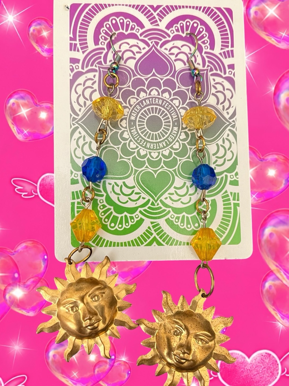 Handmade Gold Sun Drop Earrings with Yellow & Blue Beads - Unbranded